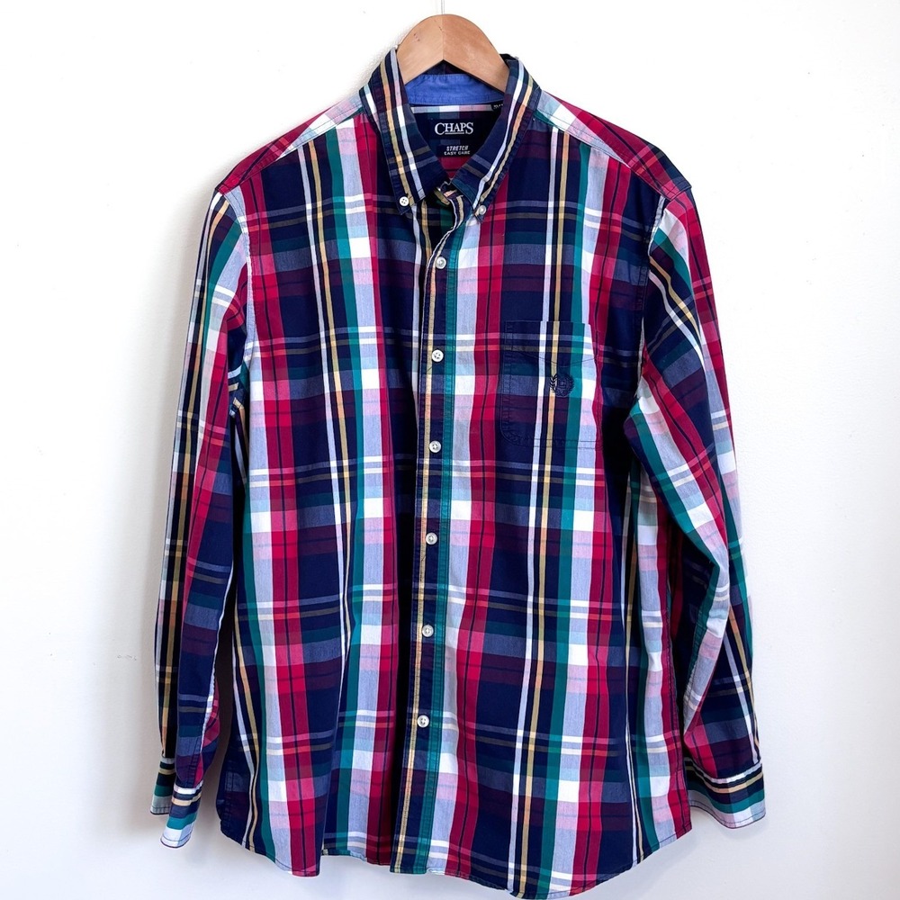 Chaps Mens Plaid Shirt XL Multicolor Crest Logo Preppy Academia Classic Stretch